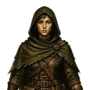 Head and shoulders of a hooded human scout in a mossy green cloak over leather.