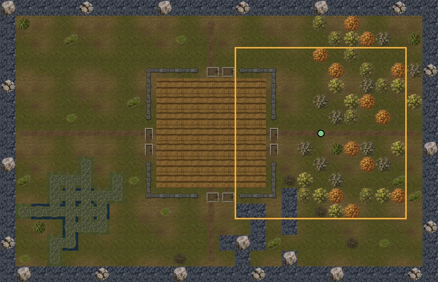 The whole 28 by 18 Freehold map drawn small: a thatch-roofed walled settlement at the centre with roads leaving in four directions, a reedy lake to the south-west, oak forest to the east, rock along every edge. A gold rectangle marks the eleven-square view shown above, with a green dot for the character.