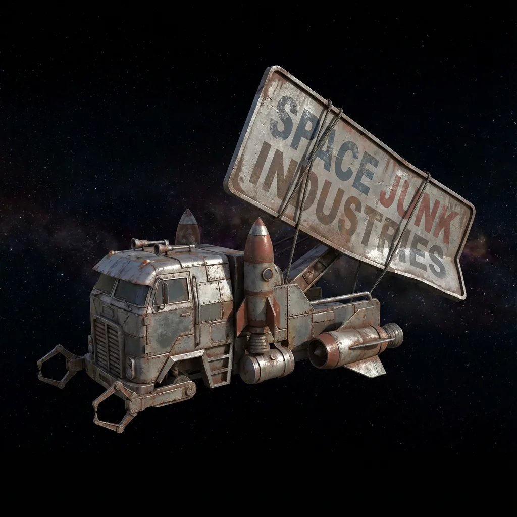 A battered, rusted cab-over space hauler with twin rocket boosters, a strapped-on missile and landing-claw arms, drifting through a starfield while towing an enormous chipped white road sign on slack cables. The sign reads SPACE JUNK INDUSTRIES in worn stencil lettering, JUNK in faded red and the rest in faded blue-grey.